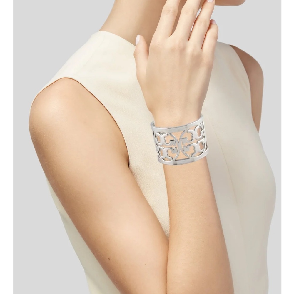 NWT-Tory Burch Logo Silver Filigree Wide Cuff Bracelet